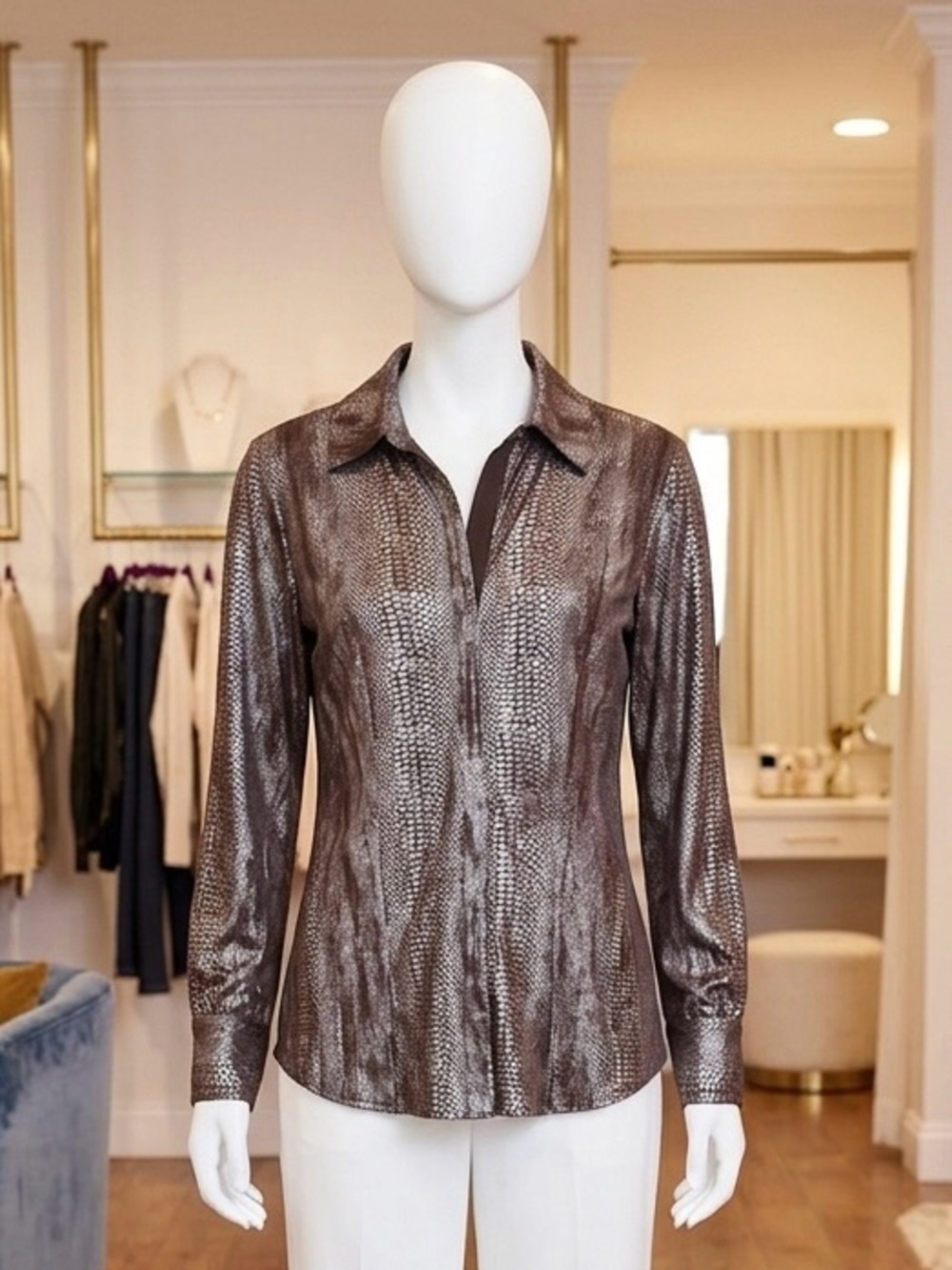 Chico's Metallic Brown Snake-Print Button-Down Shirt